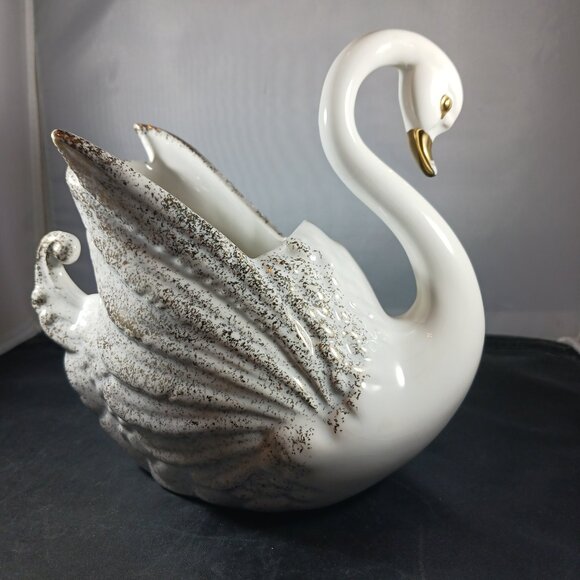 Vintage MCM Porcelain Swan Planter Figurine Gold & White Vase - Picture 2 of 11